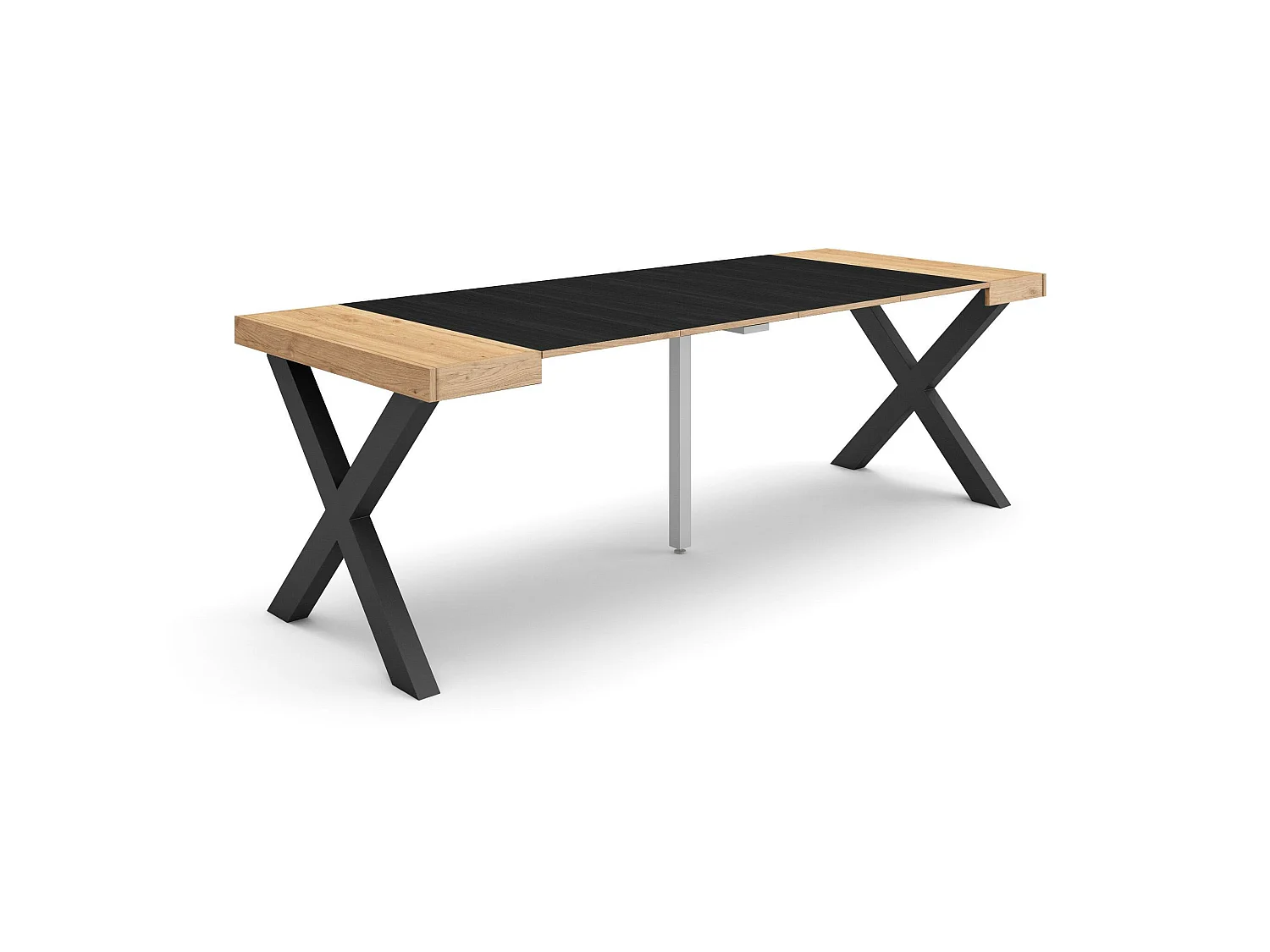 Table console extensible, 222x90x73cm, Pour 10 personnes, Pieds bois massif, Chêne et noir