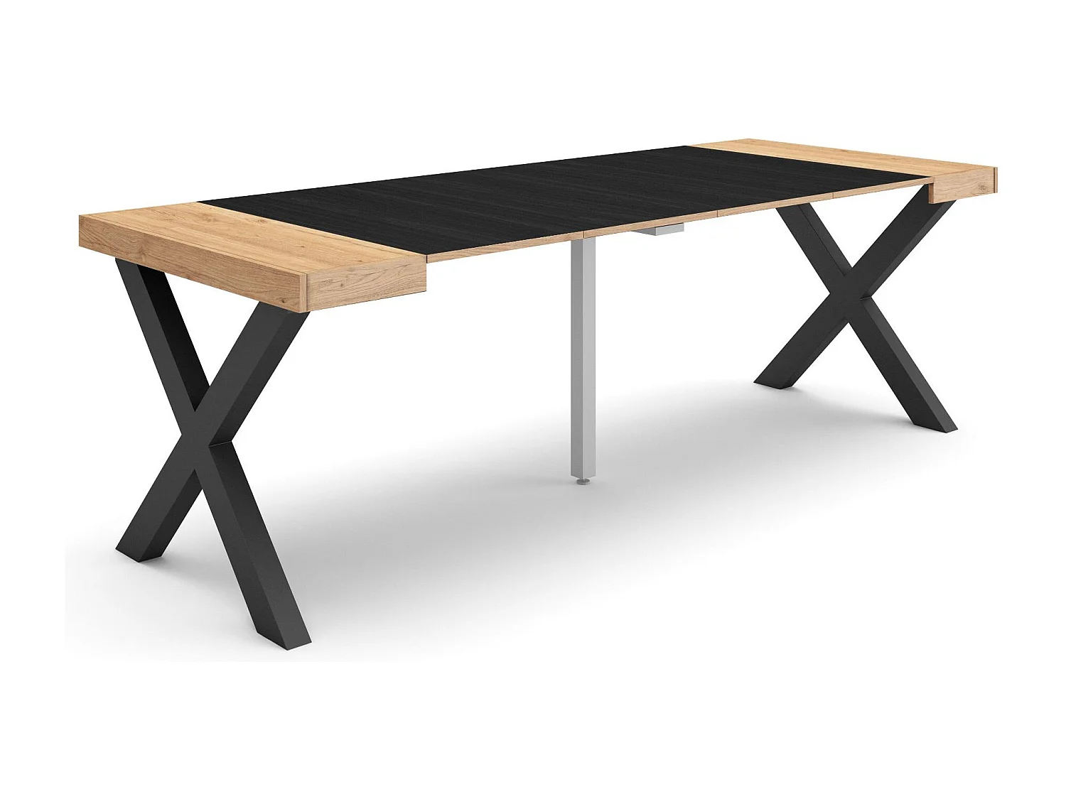 Uitschuifbare Consoletafel, 222x90x73cm, Voor 10 personen, Massief houten poten, Eiken/Zwart