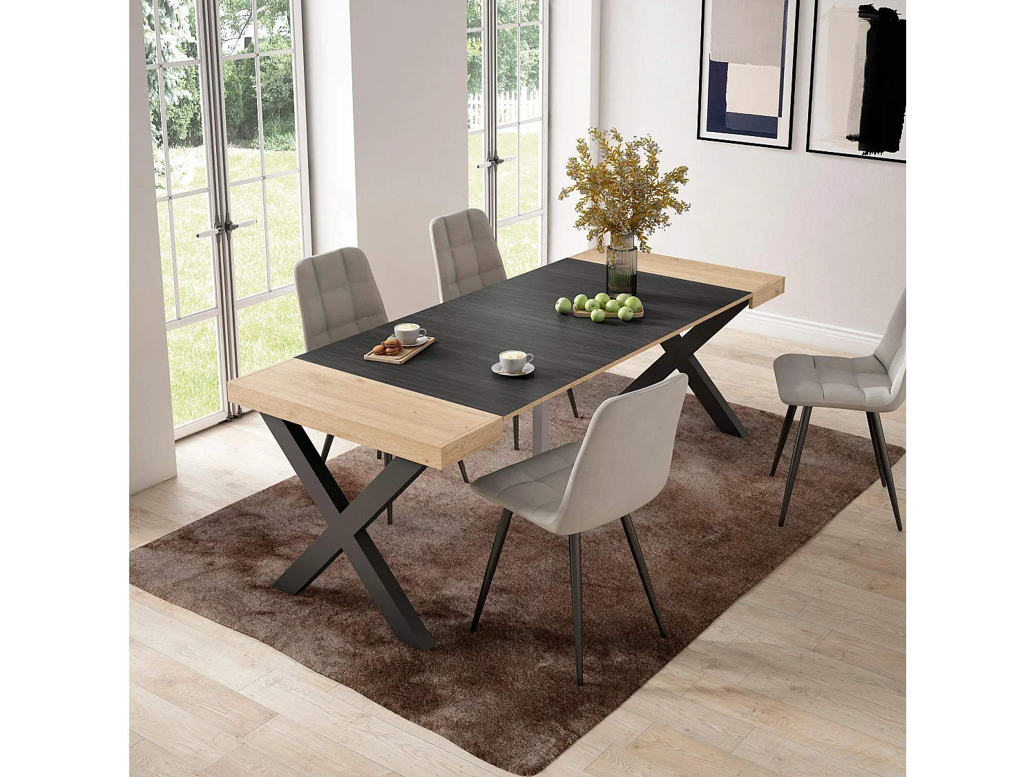 Uitschuifbare Consoletafel, 222x90x73cm, Voor 10 personen, Massief houten poten, Eiken/Zwart