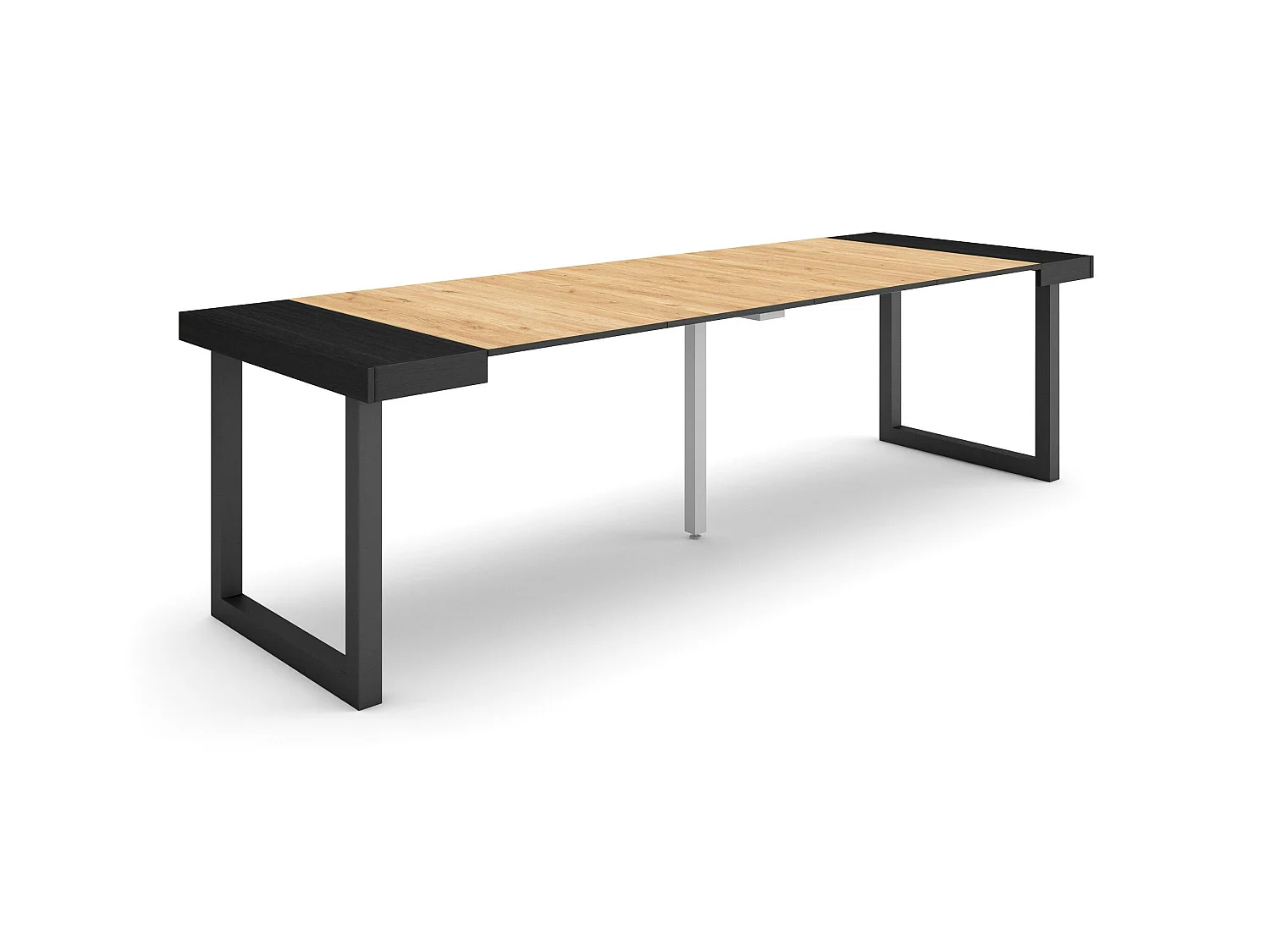 Uitschuifbare Consoletafel, 262x90x73cm, Voor 12 personen, Massief houten poten, Zwart/Eiken