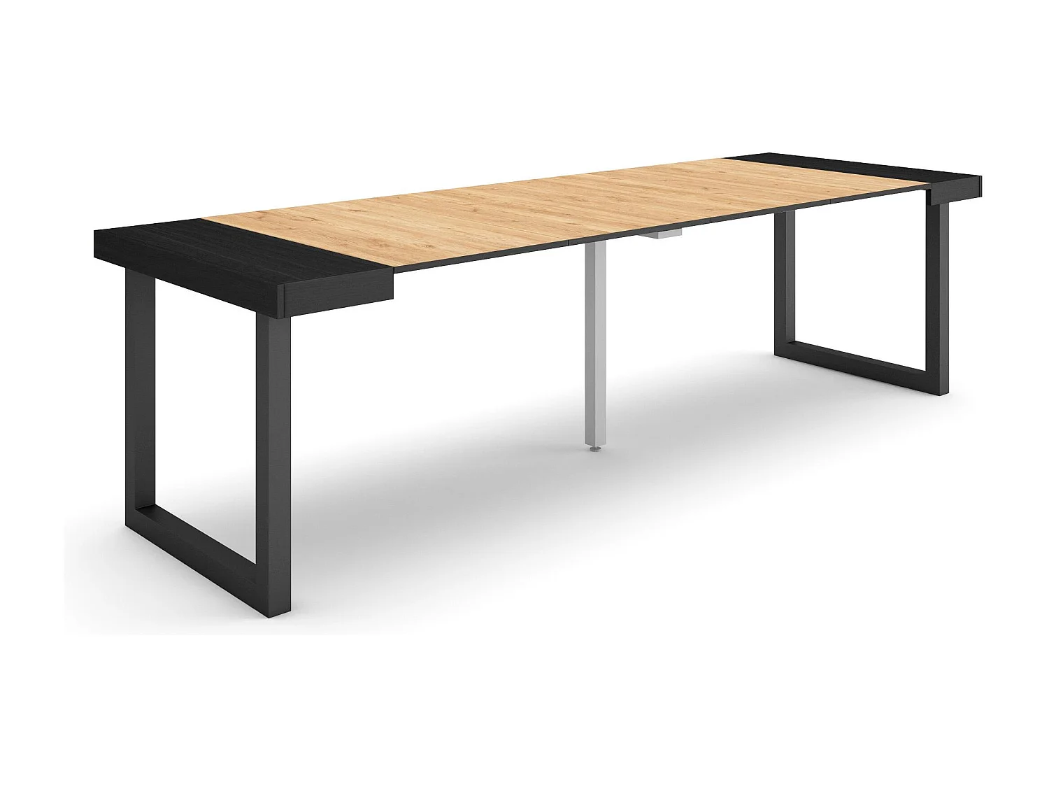 Uitschuifbare Consoletafel, 262x90x73cm, Voor 12 personen, Massief houten poten, Zwart/Eiken