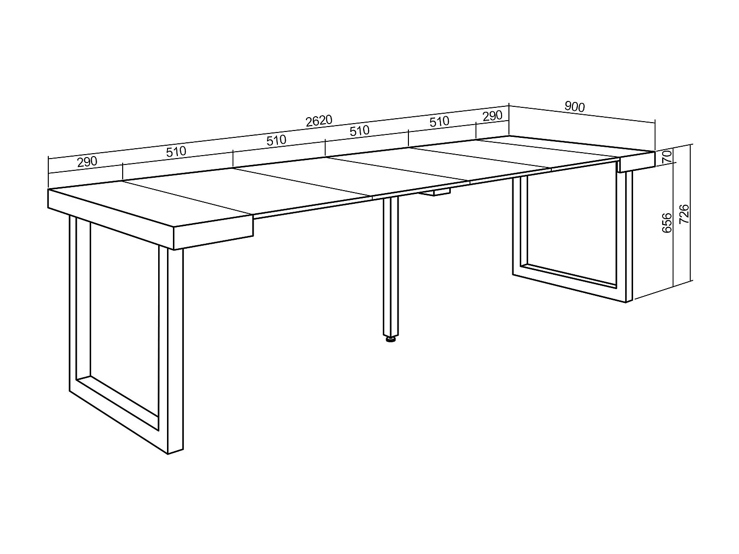 Uitschuifbare Consoletafel, 262x90x73cm, Voor 12 personen, Massief houten poten, Zwart/Eiken