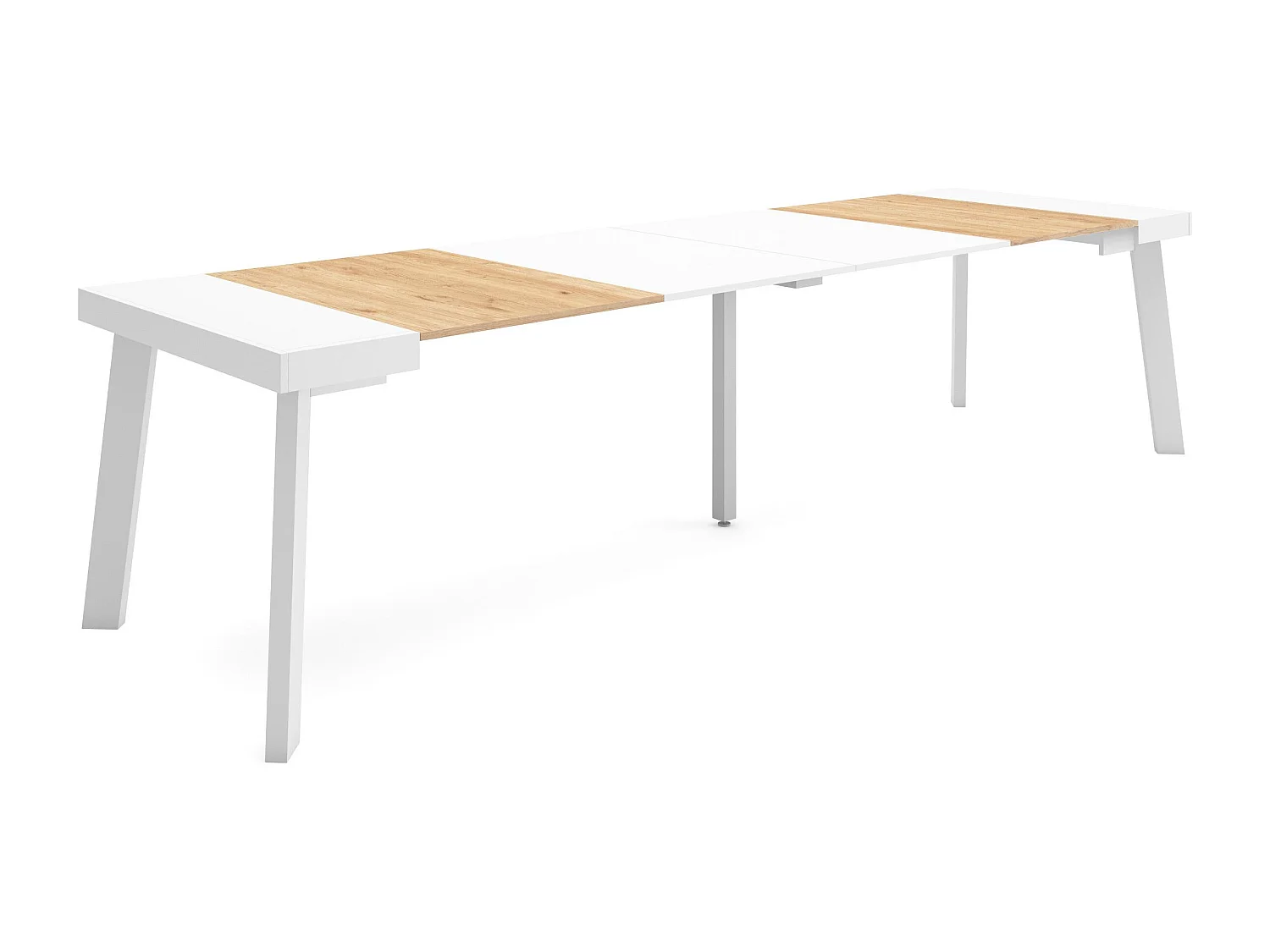 Table console extensible, 302x90x73cm, Pour 14 personnes, Pieds en bois, Chêne et blanc