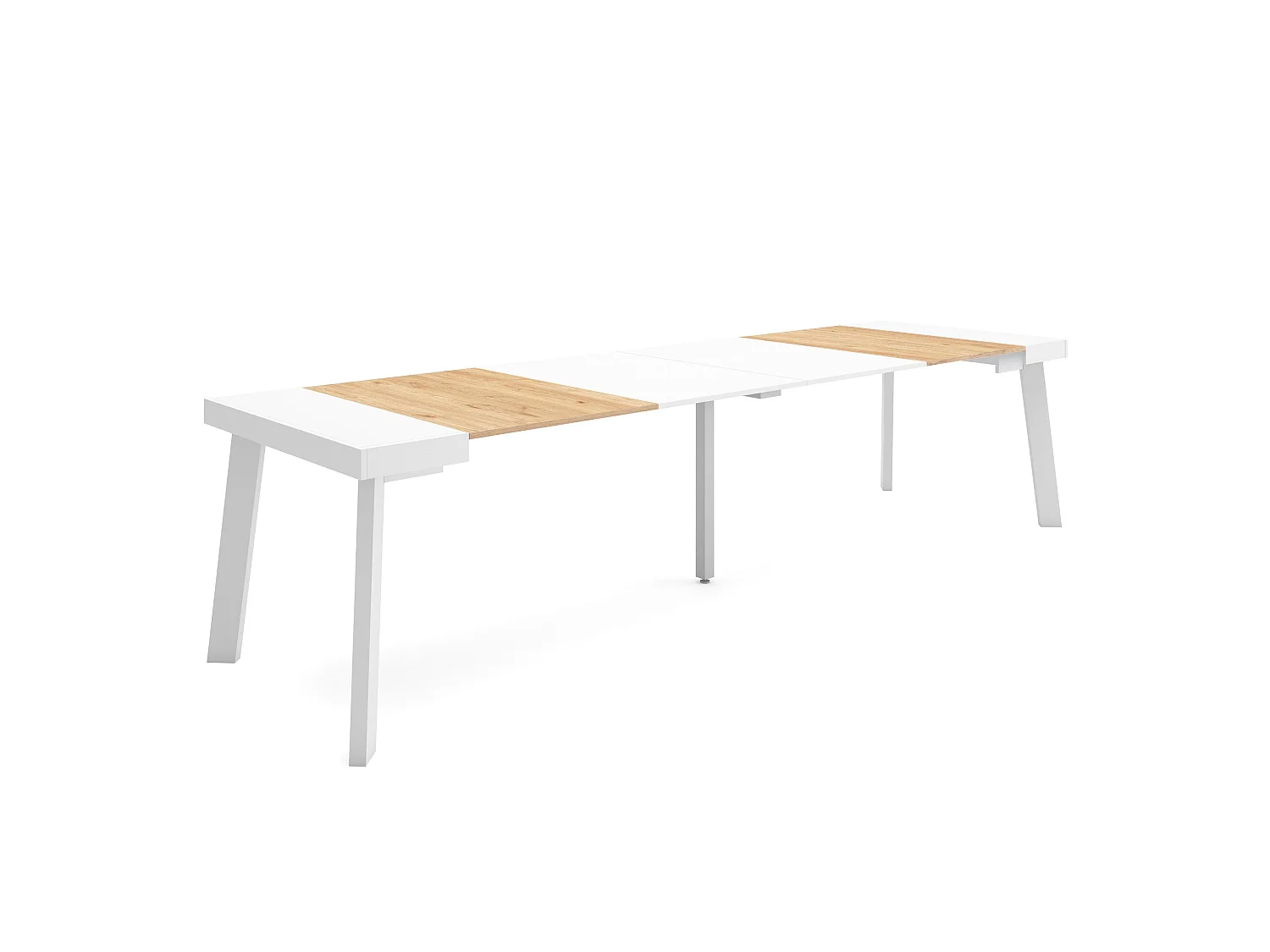 Table console extensible, 302x90x73cm, Pour 14 personnes, Pieds en bois, Chêne et blanc
