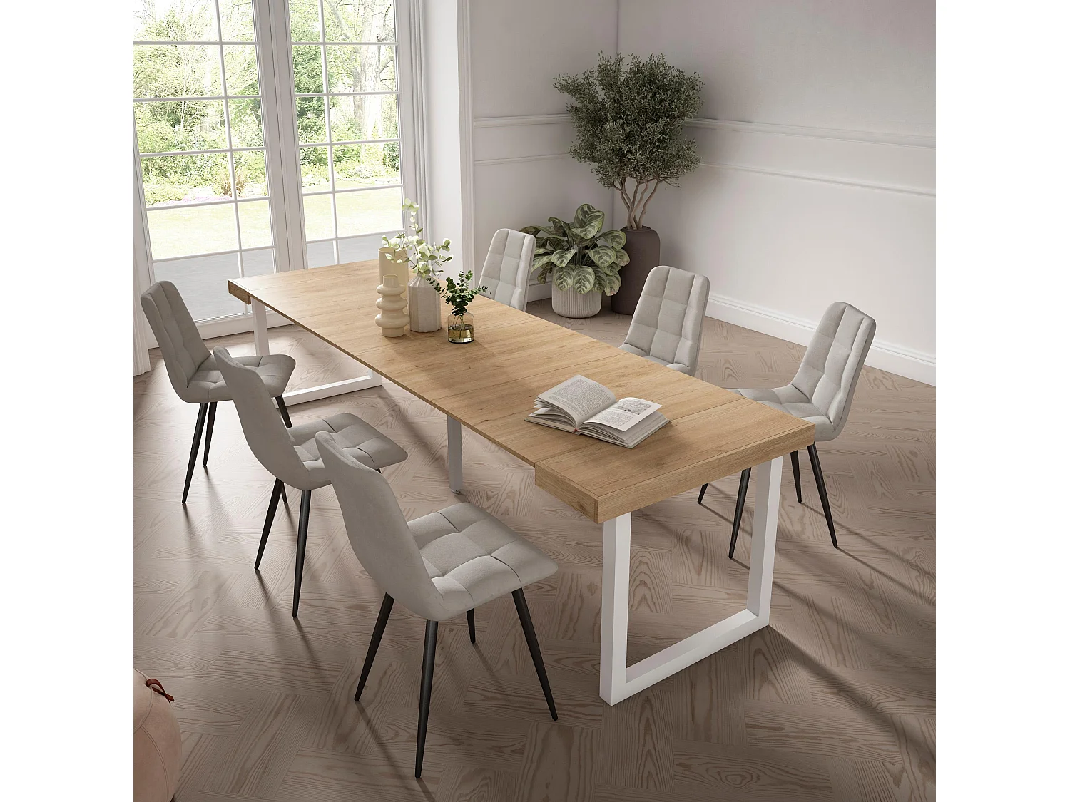 Table console extensible, 302x90x73cm, Pour 14 personnes, Pieds bois massif, Chêne