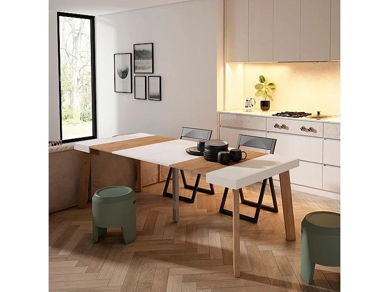 Uitschuifbare Consoletafel, 222x90x73cm, Voor 10 personen, Houten poten, Eiken/Wit