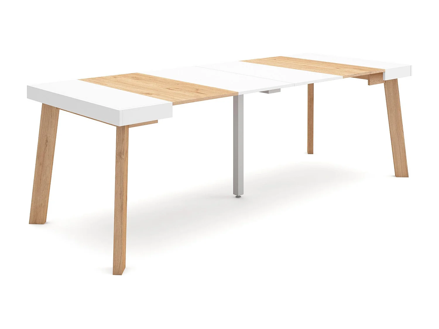 Table console extensible, 222x90x73cm, Pour 10 personnes, Pieds en bois, Chêne et blanc