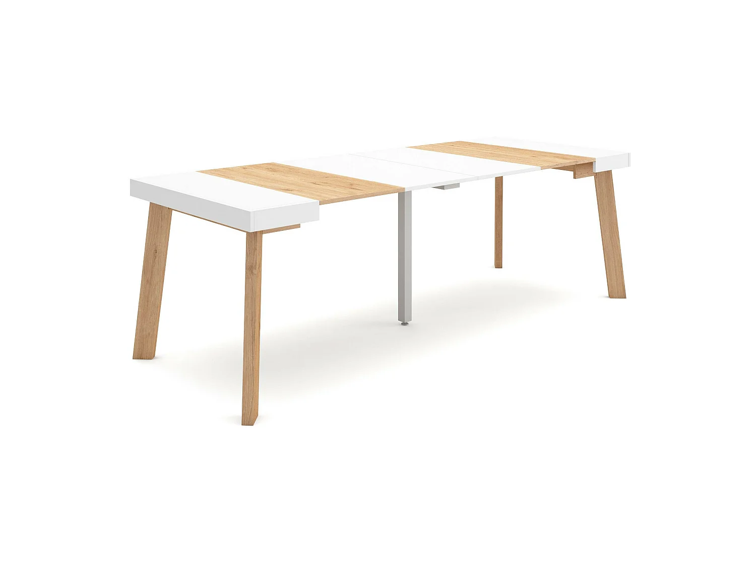 Consolle allungabile, 222x90x73cm, Per 10 persone, Gambe in legno, Rovere e bianco