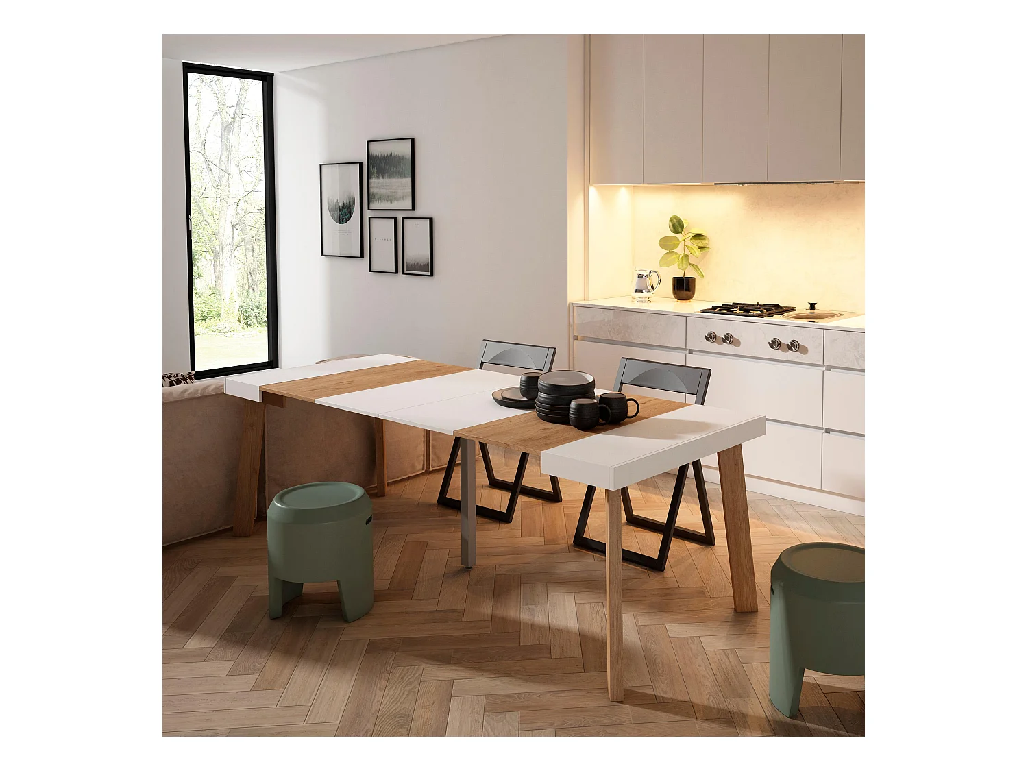 Consolle allungabile, 222x90x73cm, Per 10 persone, Gambe in legno, Rovere e bianco