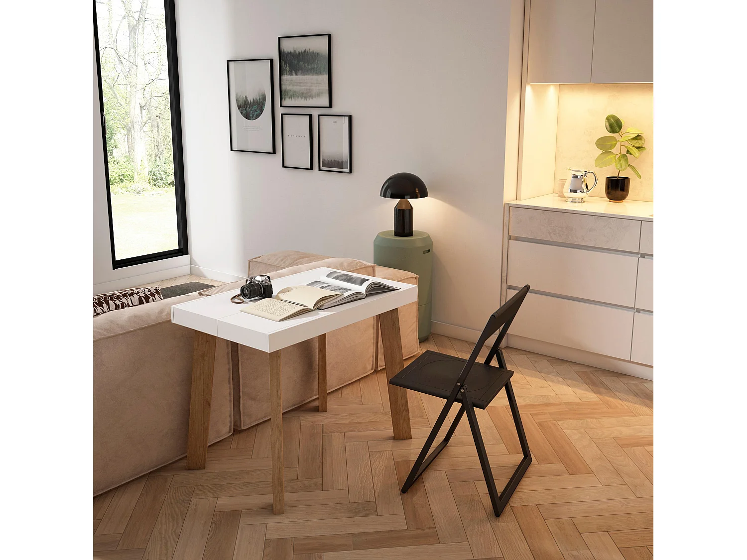 Mesa Consola Extensível, 222x90x73cm, Para 10 pessoas, Pés de madeira, Carvahlo e branco