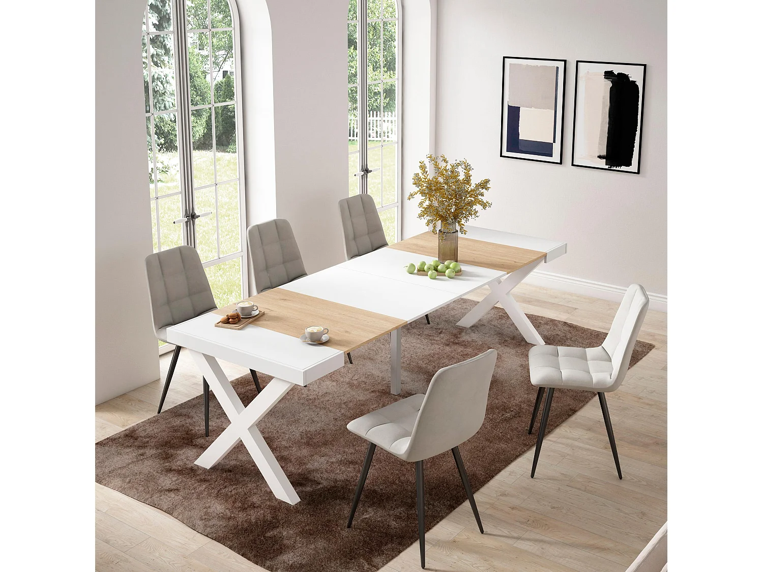 Table console extensible, 262x90x73cm, Pour 12 personnes, Pieds bois massif, Chêne et blanc