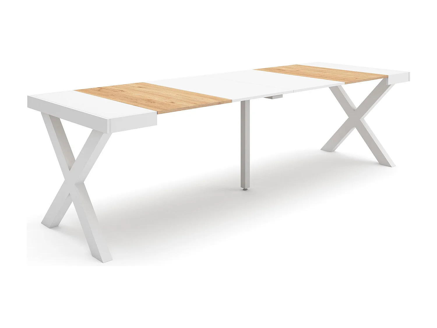 Table console extensible, 262x90x73cm, Pour 12 personnes, Pieds bois massif, Chêne et blanc