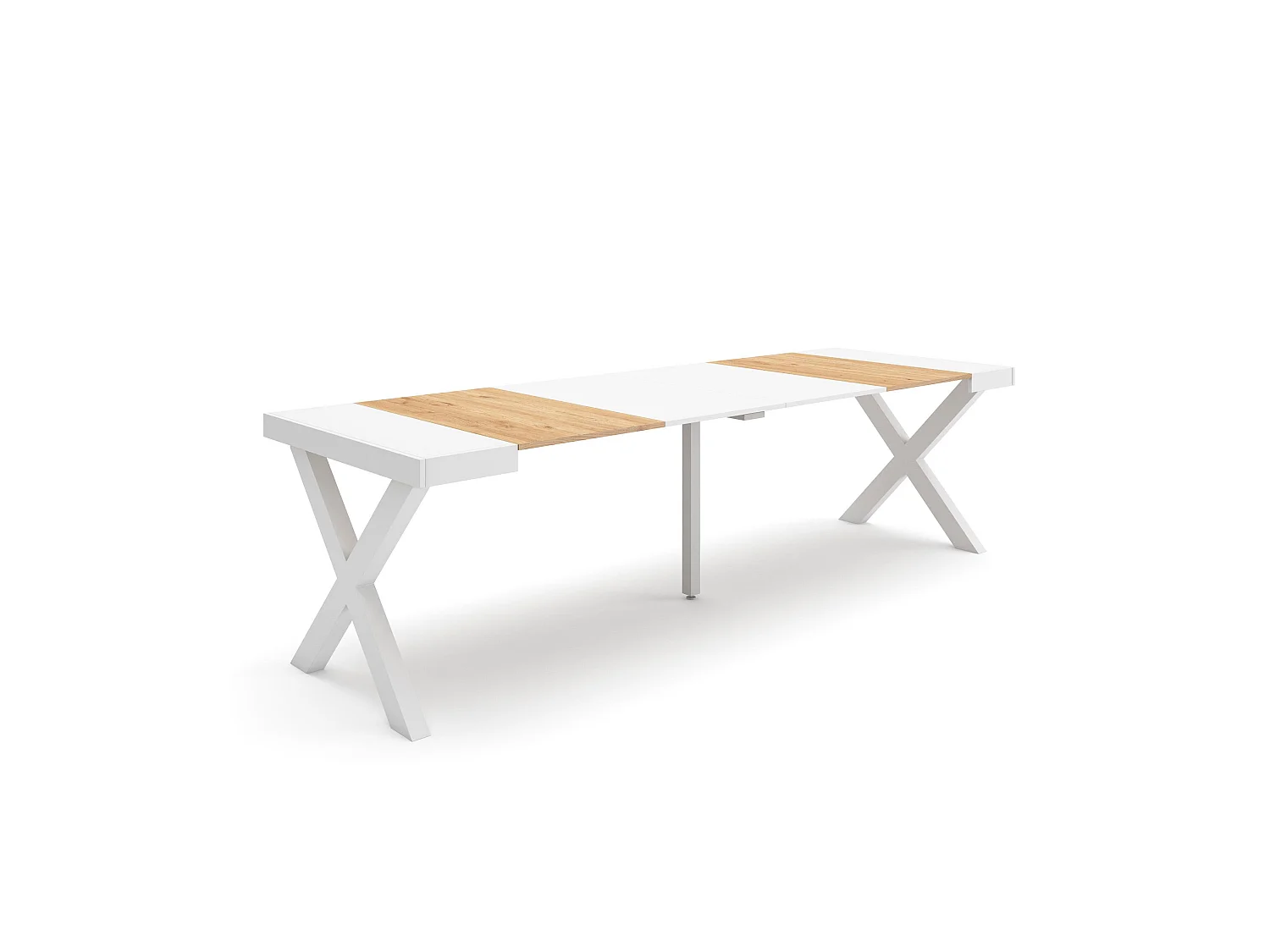Table console extensible, 262x90x73cm, Pour 12 personnes, Pieds bois massif, Chêne et blanc