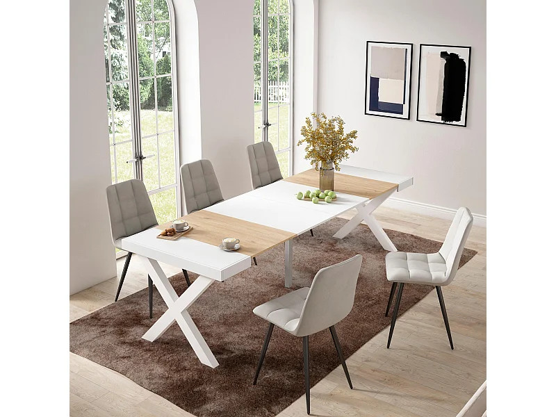 Uitschuifbare Consoletafel, 262x90x73cm, Voor 12 personen, Massief houten poten, Eiken/Wit