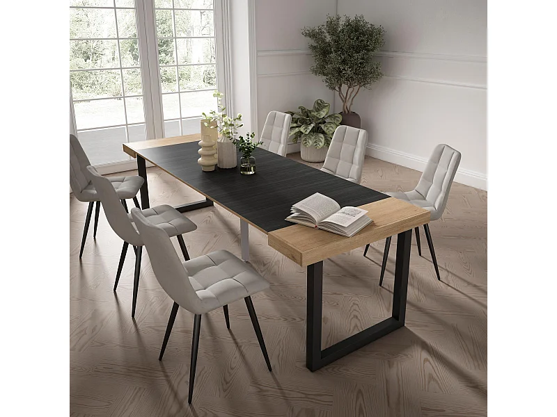 Table console extensible, 262x90x73cm, Pour 12 personnes, Pieds bois massif, Chêne et noir