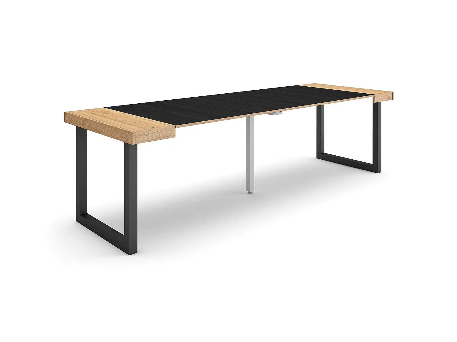 Table console extensible, 262x90x73cm, Pour 12 personnes, Pieds bois massif, Chêne et noir