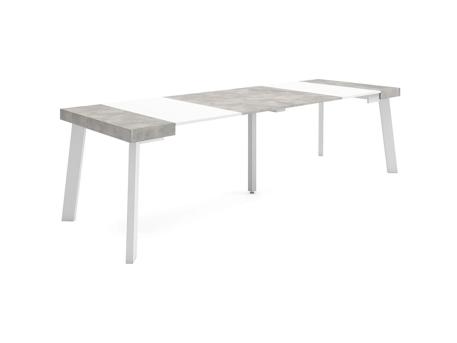 Table console extensible, 262x90x73cm, Pour 12 personnes, Pieds en bois, Blanc et ciment