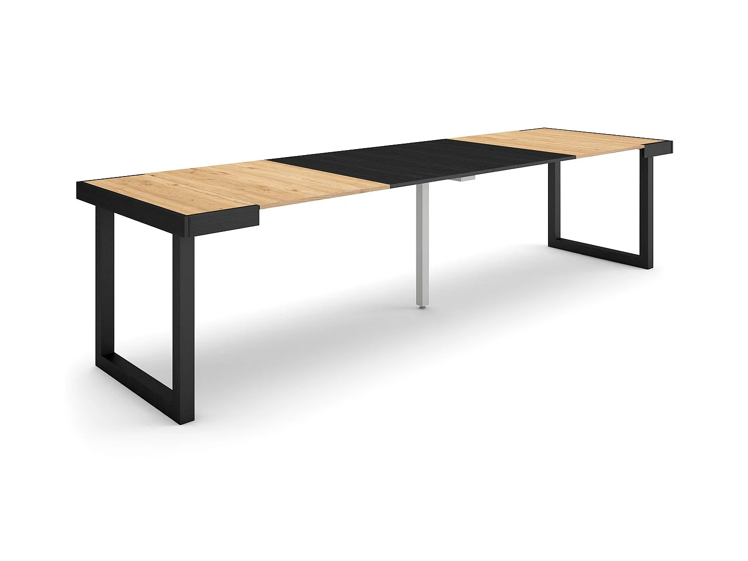 Table console extensible, 302x90x73cm, Pour 14 personnes, Pieds bois massif, Chêne et noir