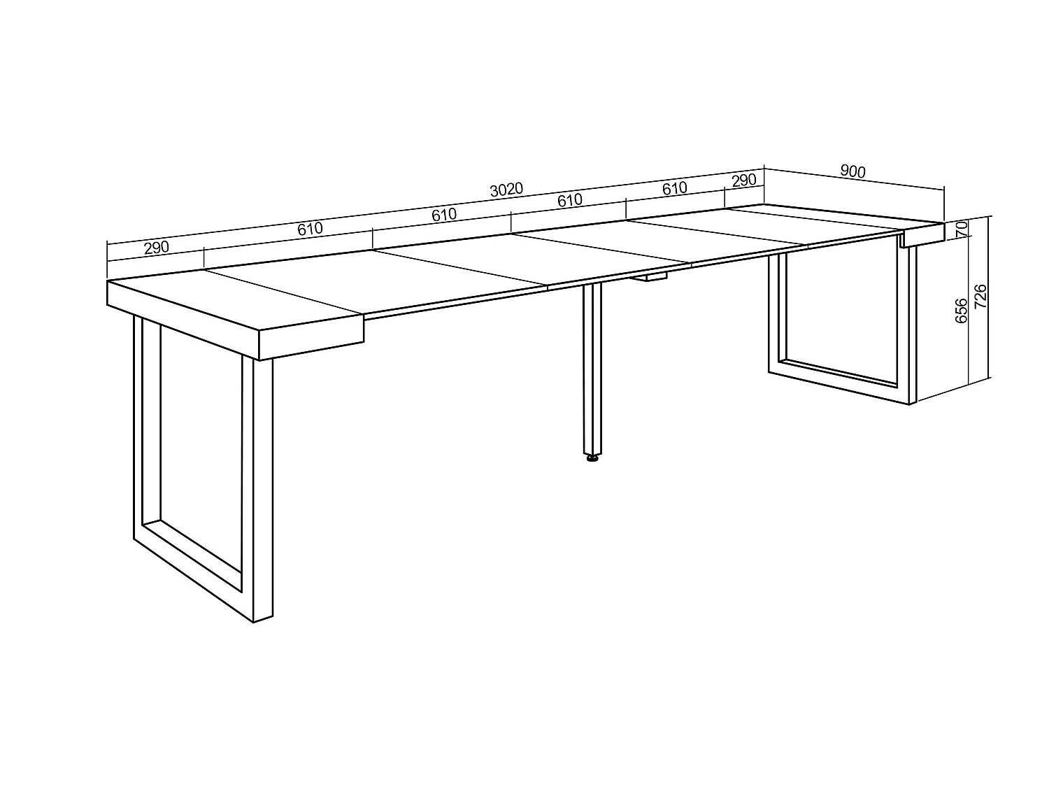 Table console extensible, 302x90x73cm, Pour 14 personnes, Pieds bois massif, Chêne et noir