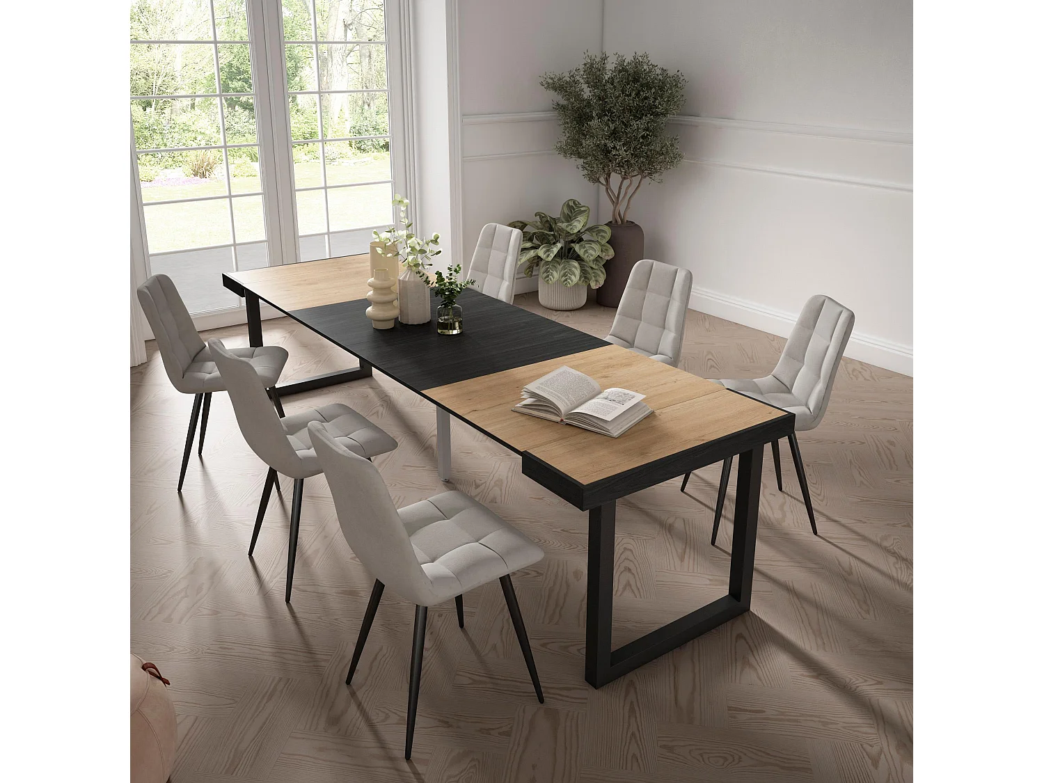 Table console extensible, 302x90x73cm, Pour 14 personnes, Pieds bois massif, Chêne et noir