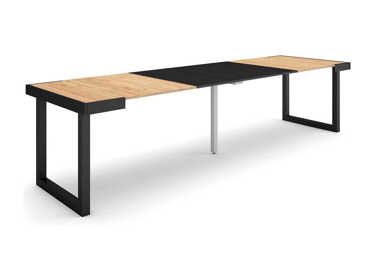 Table console extensible, 302x90x73cm, Pour 14 personnes, Pieds bois massif, Chêne et noir