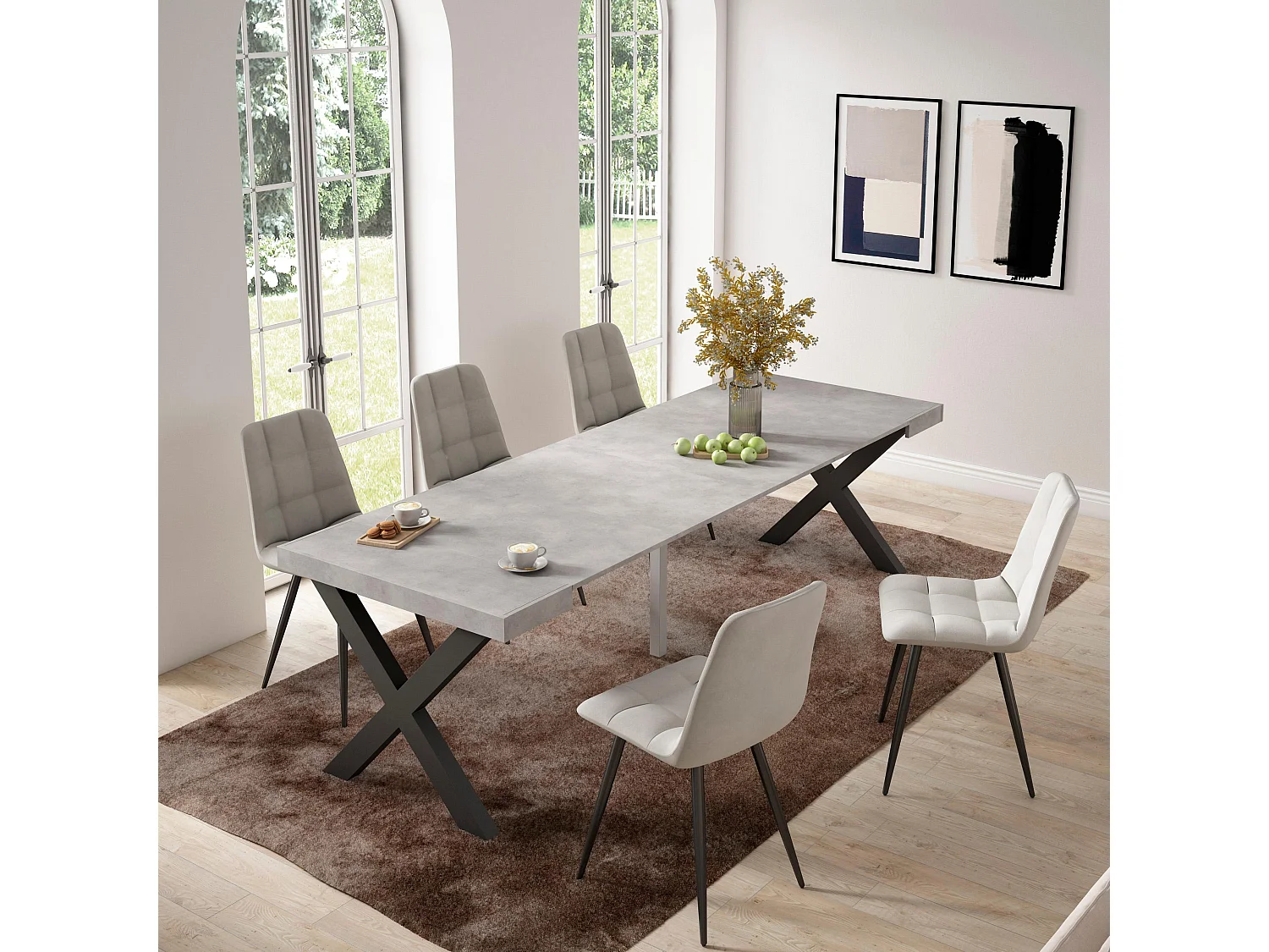 Table console extensible, 262x90x73cm, Pour 12 personnes, Pieds bois massif, Ciment