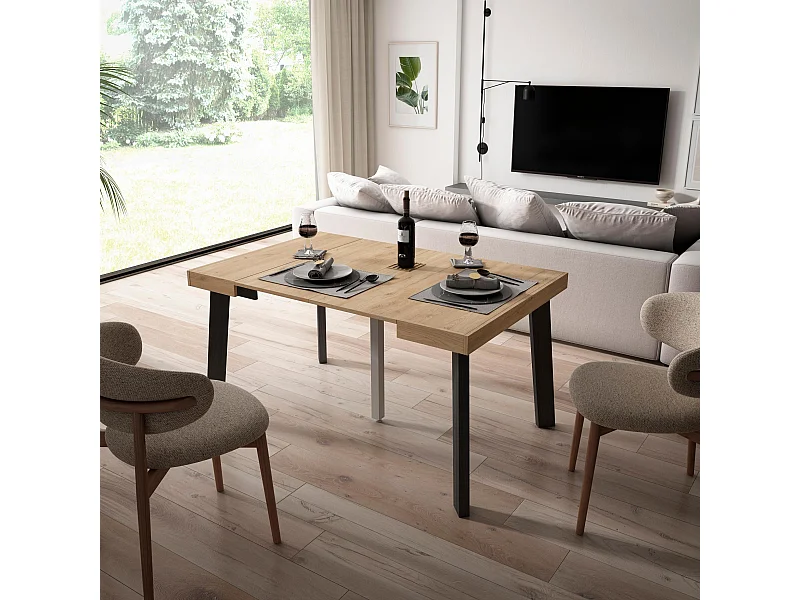 Ausziehbarertisch, 140x90x73cm, Für 6 Gäste, Hölzerne Beine, Eiche Schwarz