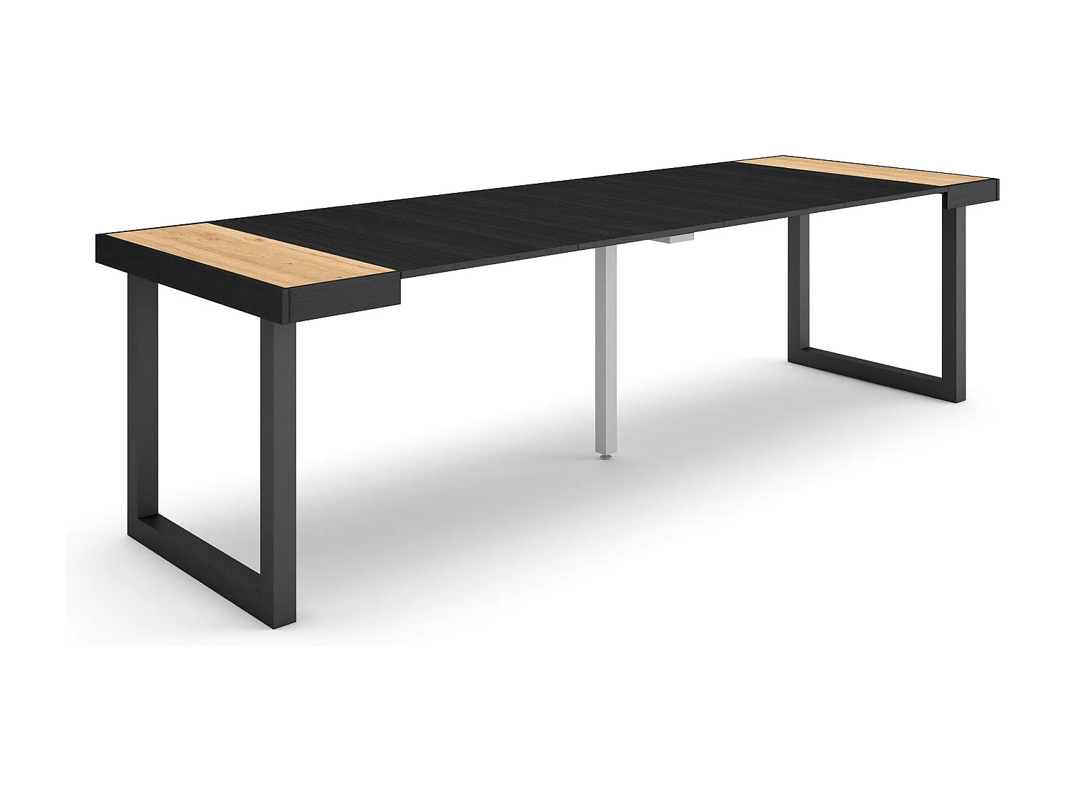 Table console extensible, 262x90x73cm, Pour 12 personnes, Pieds bois massif, Chêne et noir