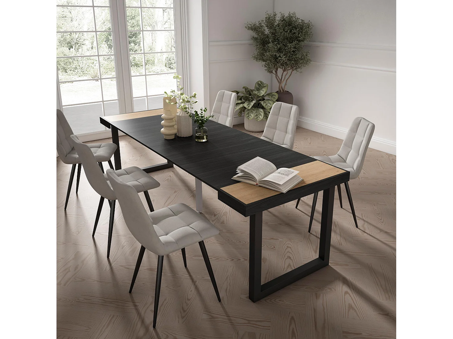 Table console extensible, 262x90x73cm, Pour 12 personnes, Pieds bois massif, Chêne et noir