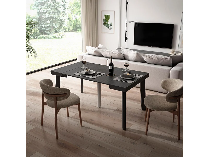 Uitschuifbare Consoletafel, 160x90x73cm, Voor 8 personen, Houten poten, Zwart