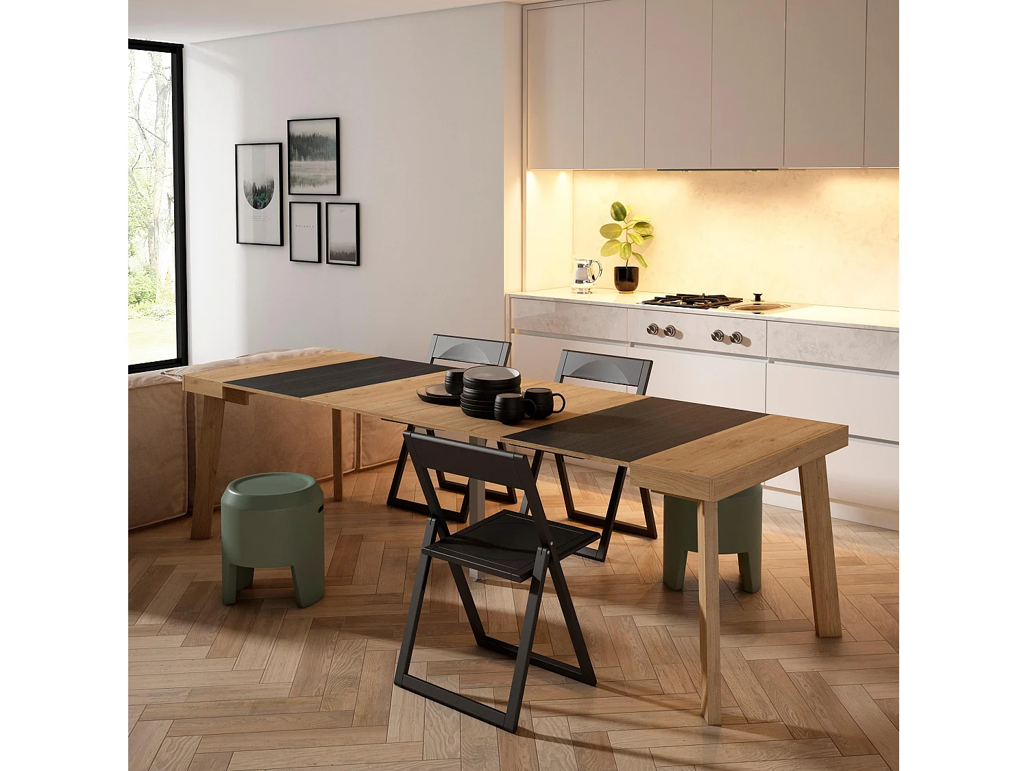 Mesa Consola Extensível, 262x90x73cm, Para 12 pessoas, Pés de madeira, Carvahlo e preto