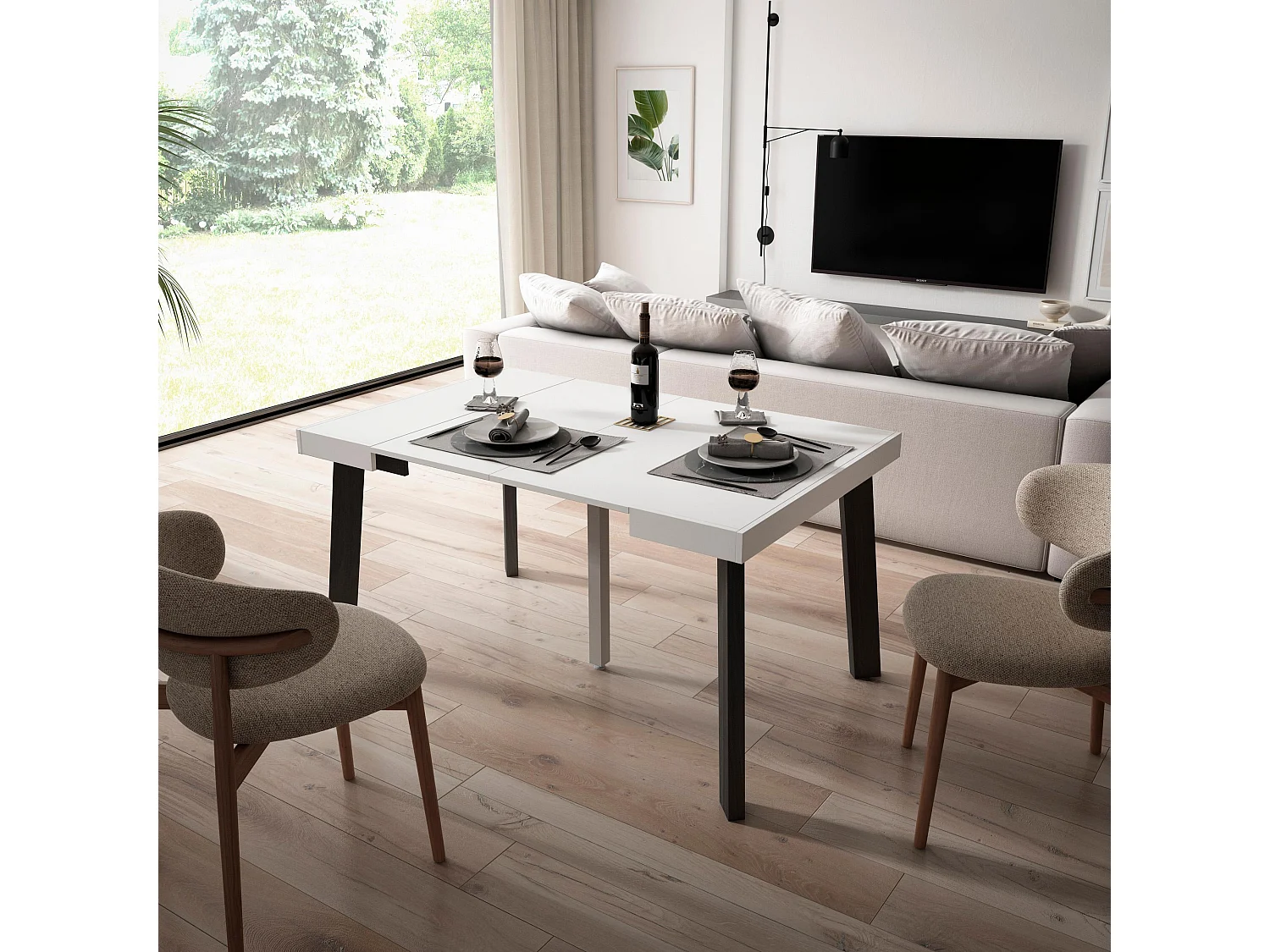 Ausziehbarertisch, 140x90x73cm, Für 6 Gäste, Hölzerne Beine, Weiß