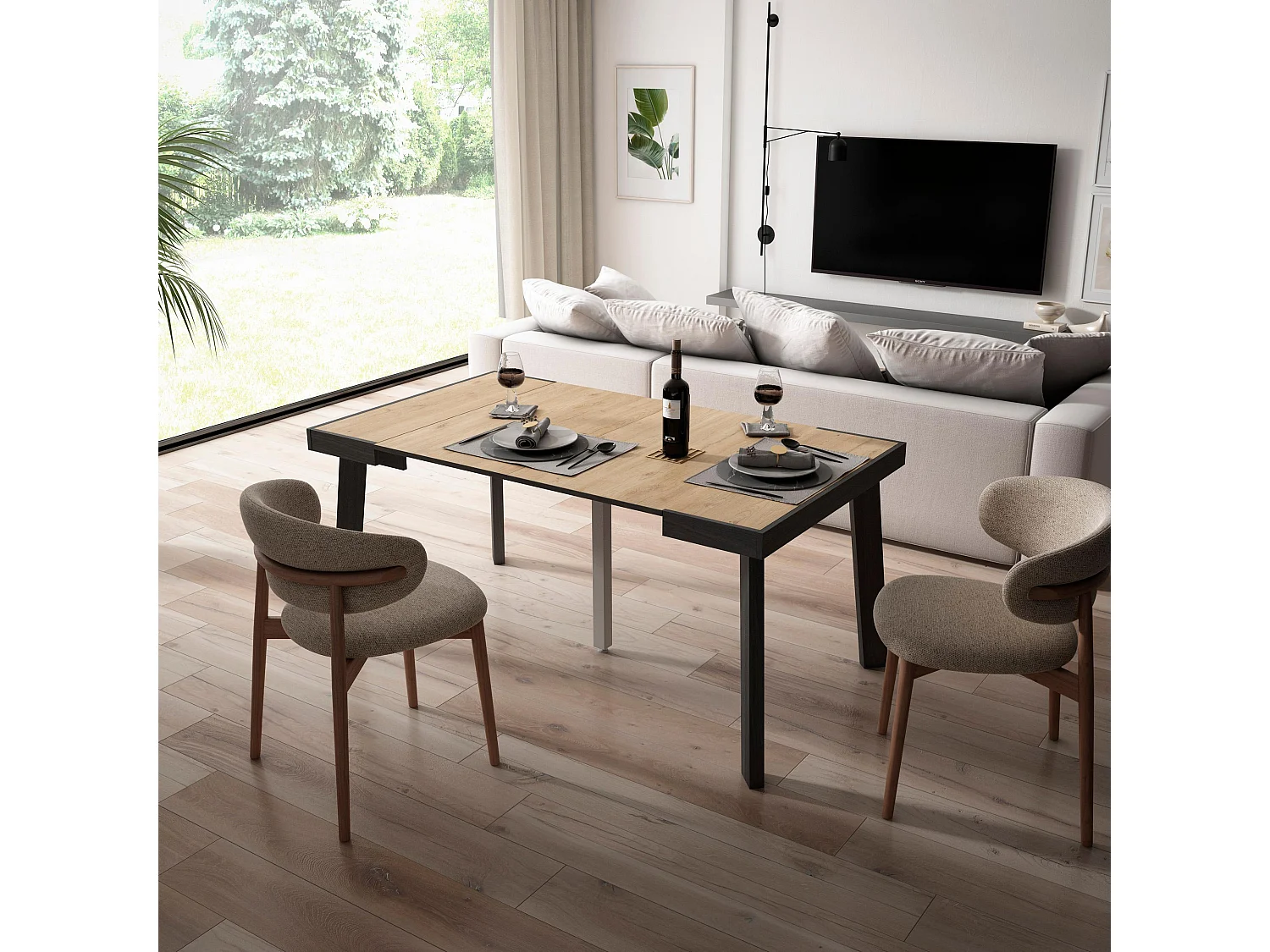 Uitschuifbare Consoletafel, 160x90x73cm, Voor 8 personen, Houten poten, Eiken