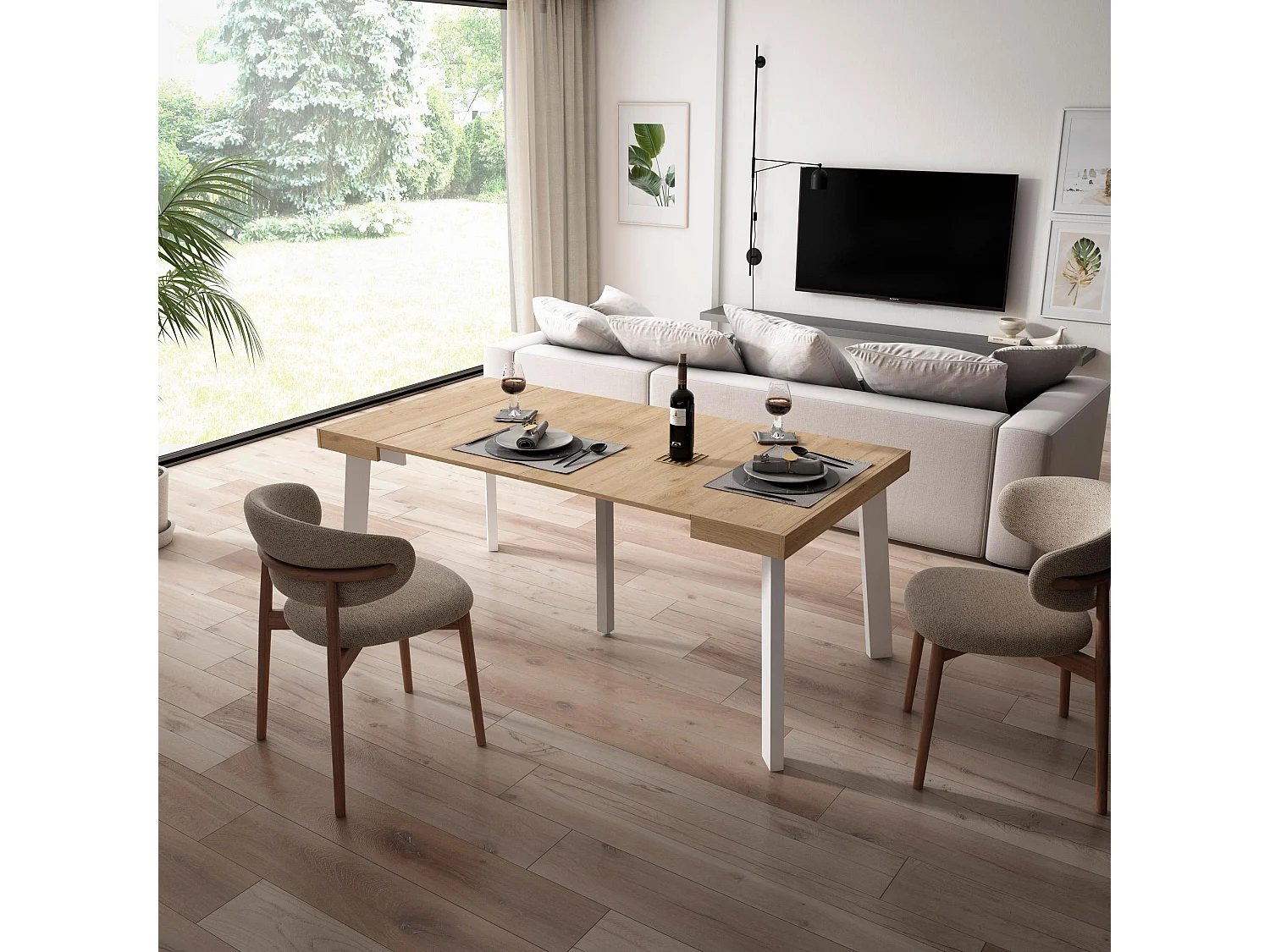 Table console extensible, 180x90x73cm, Pour 8 personnes, Pieds en bois, Chêne