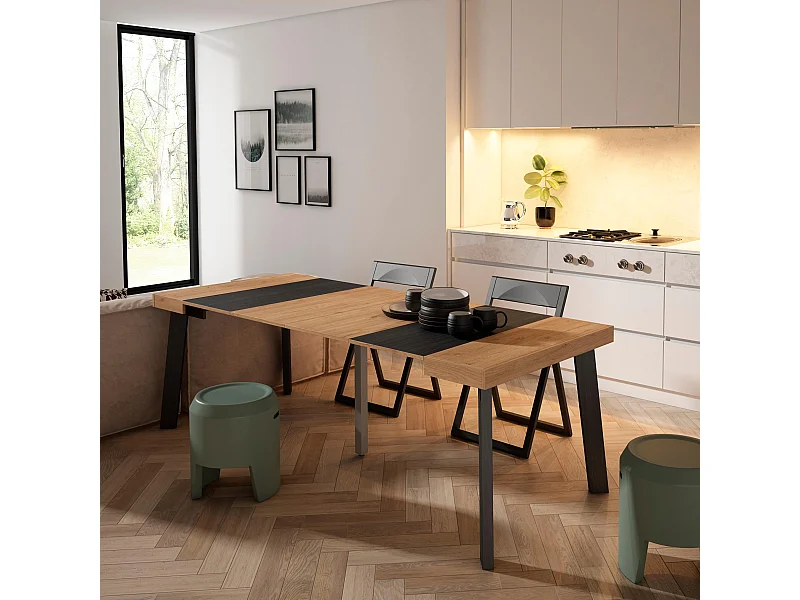 Uitschuifbare Consoletafel, 222x90x73cm, Voor 10 personen, Houten poten, Eiken/Zwart