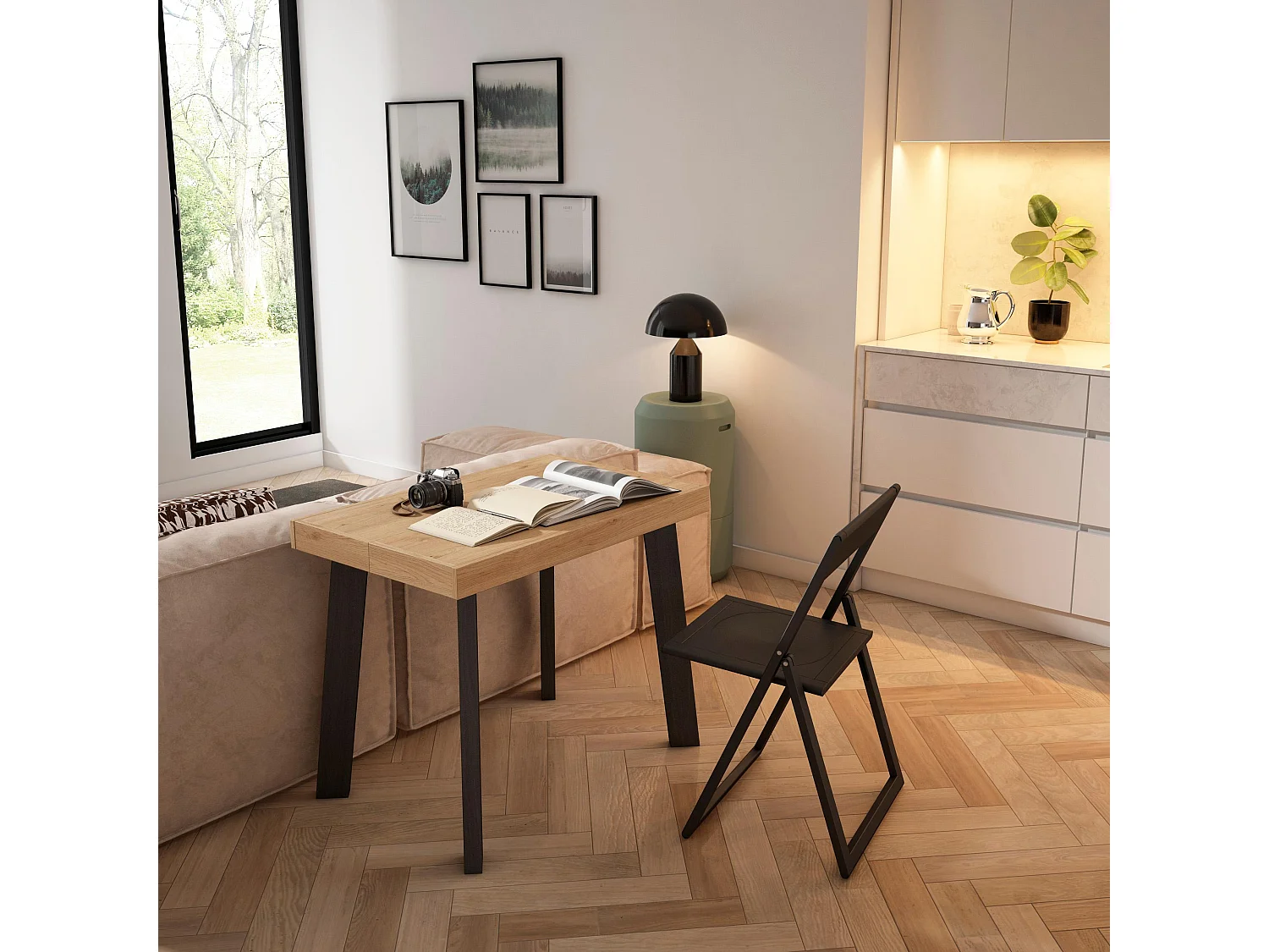 Mesa Consola Extensível, 222x90x73cm, Para 10 pessoas, Pés de madeira, Carvahlo e preto