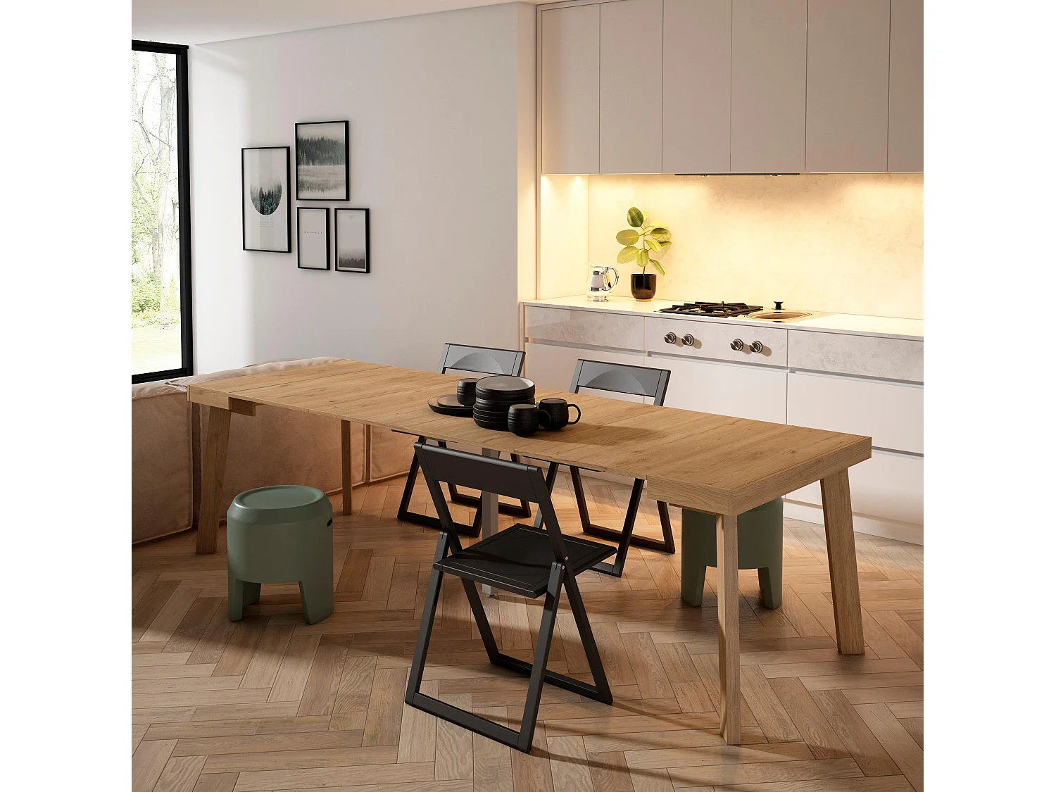Table console extensible, 262x90x73cm, Pour 12 personnes, Pieds en bois, Chêne
