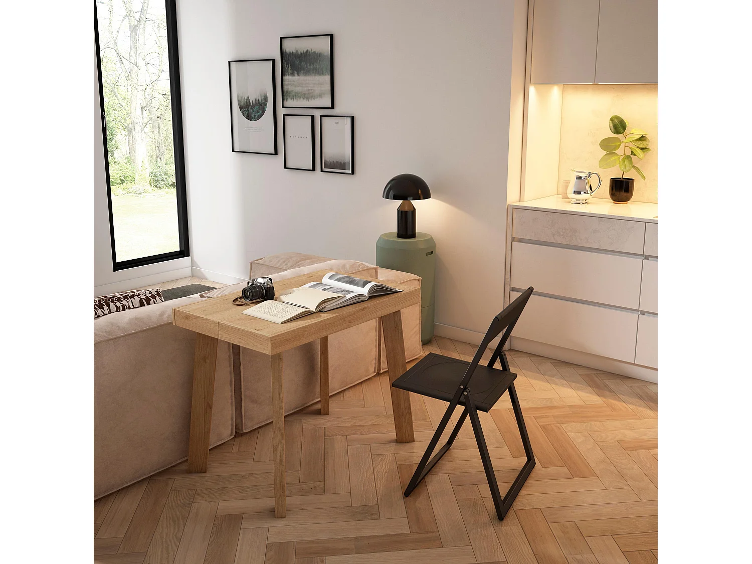 Table console extensible, 262x90x73cm, Pour 12 personnes, Pieds en bois, Chêne
