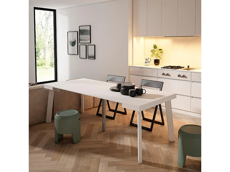 Table console extensible, 222x90x73cm, Pour 10 personnes, Pieds en bois, Blanc