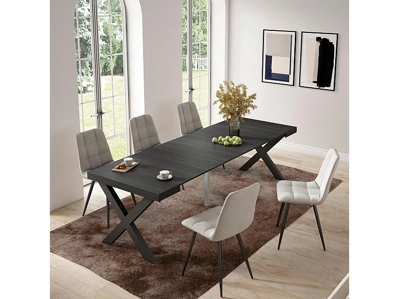 Uitschuifbare Consoletafel, 262x90x73cm, Voor 12 personen, Massief houten poten, Zwart