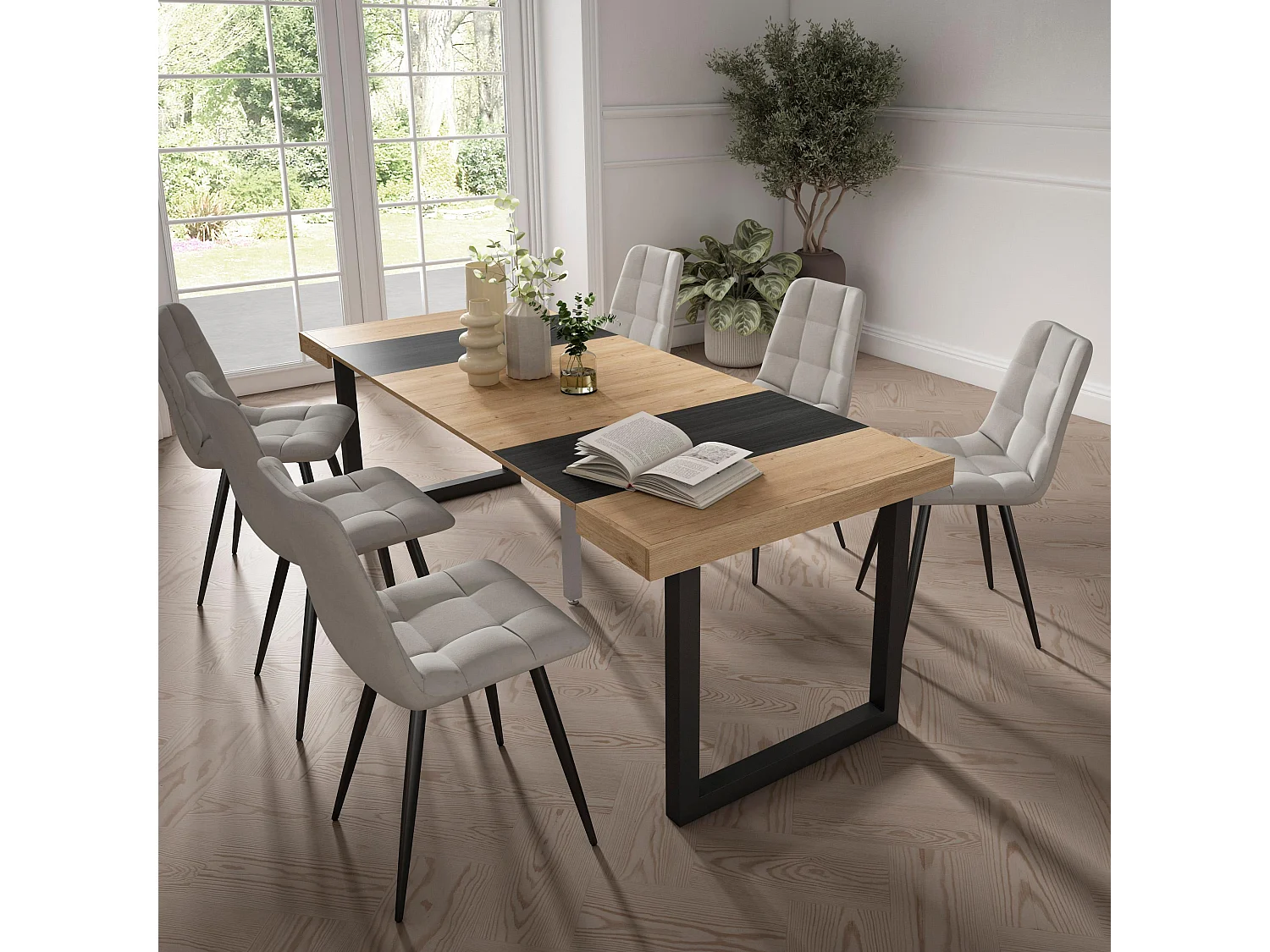 Table console extensible, 222x90x73cm, Pour 10 personnes, Pieds bois massif, Chêne