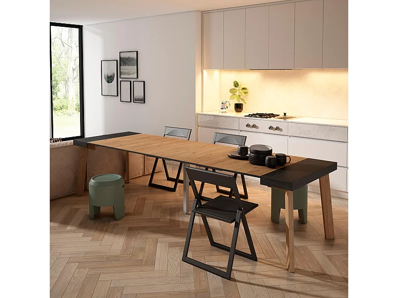 Ausziehbarertisch, 302x90x73cm, Für 14 Gäste, Hölzerne Beine, Schwarz Eiche