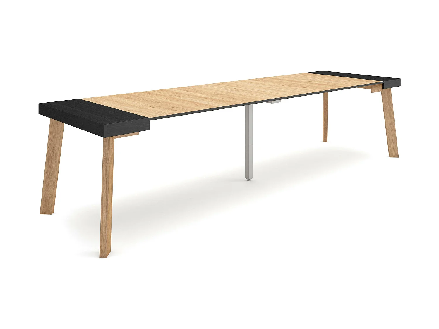Table console extensible, 302x90x73cm, Pour 14 personnes, Pieds en bois, Noir et chêne