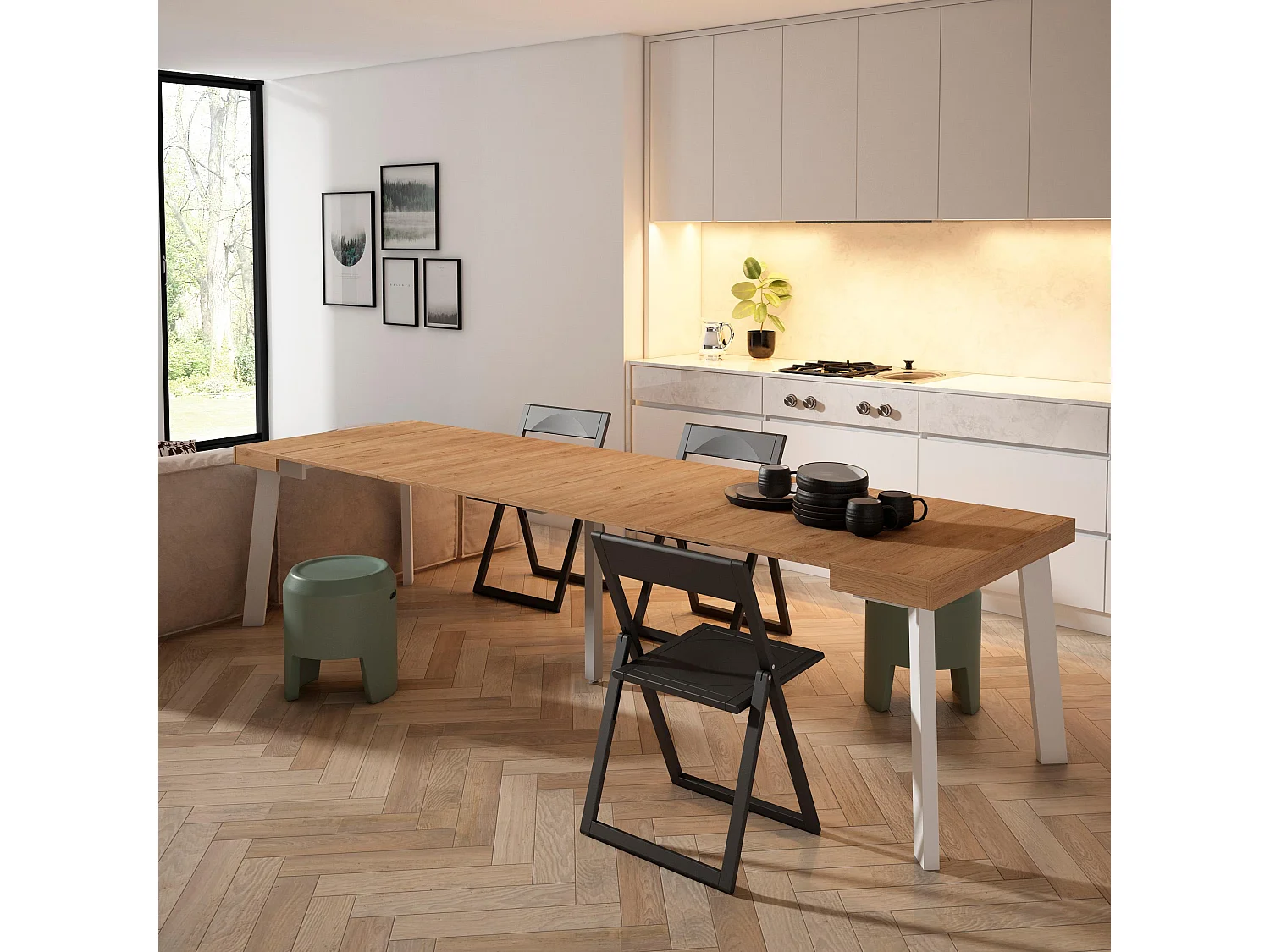 Table console extensible, 302x90x73cm, Pour 14 personnes, Pieds en bois, Chêne