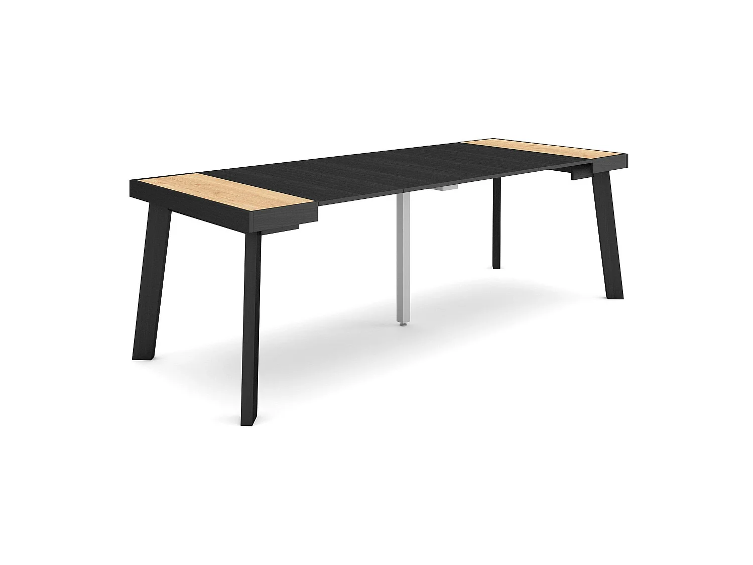 Table console extensible, 222x90x73cm, Pour 10 personnes, Pieds en bois, Chêne et noir