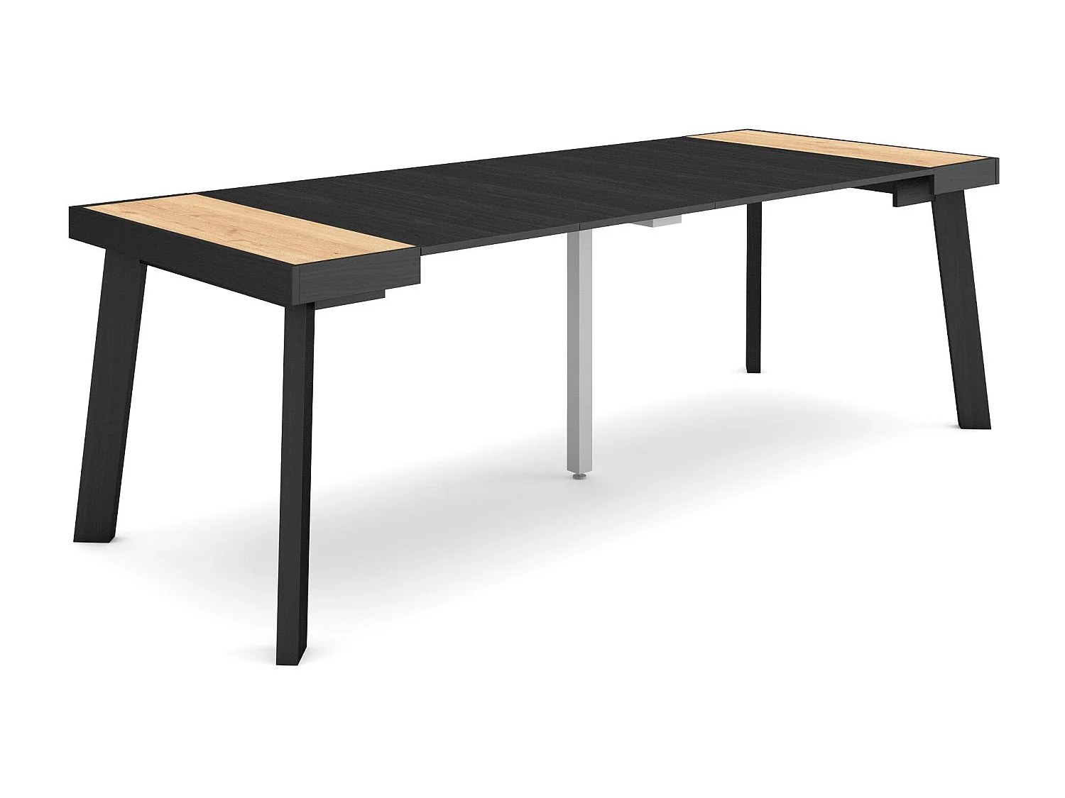 Table console extensible, 222x90x73cm, Pour 10 personnes, Pieds en bois, Chêne et noir