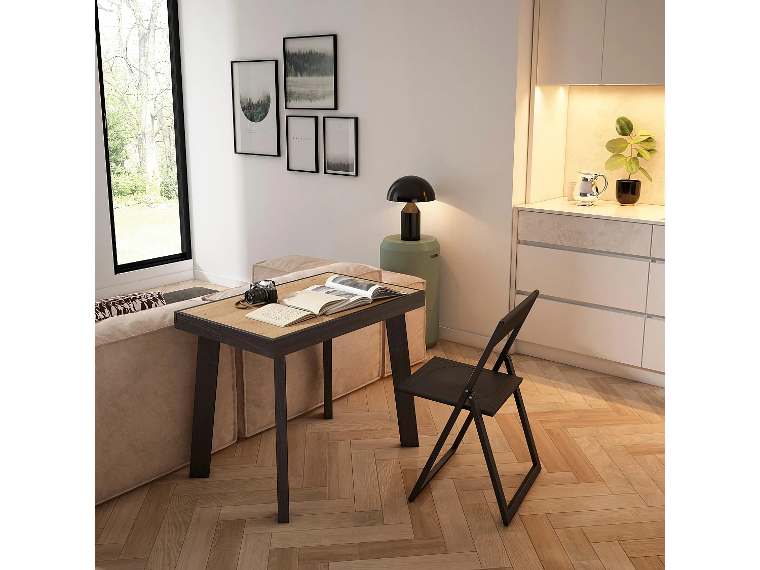 Table console extensible, 222x90x73cm, Pour 10 personnes, Pieds en bois, Chêne et noir