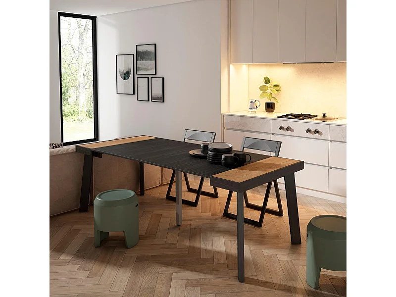 Table console extensible, 222x90x73cm, Pour 10 personnes, Pieds en bois, Chêne et noir