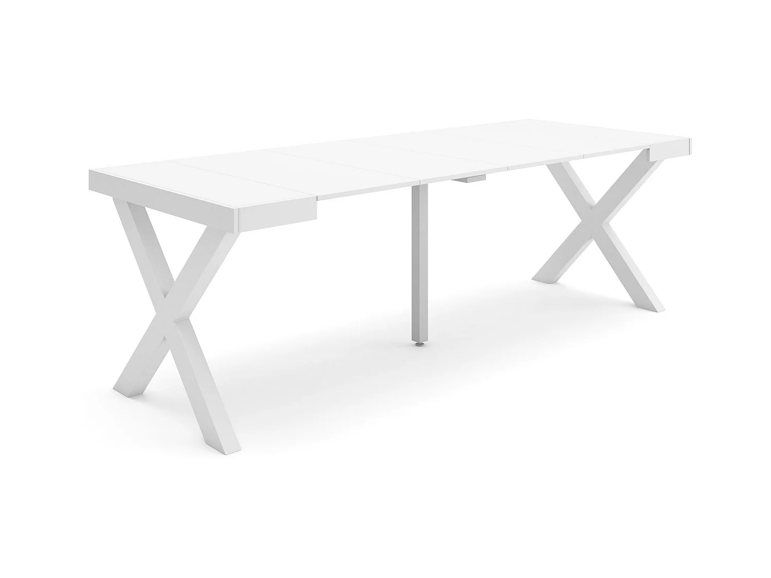 Table console extensible, 222x90x73cm, Pour 10 personnes, Pieds bois massif, Blanc