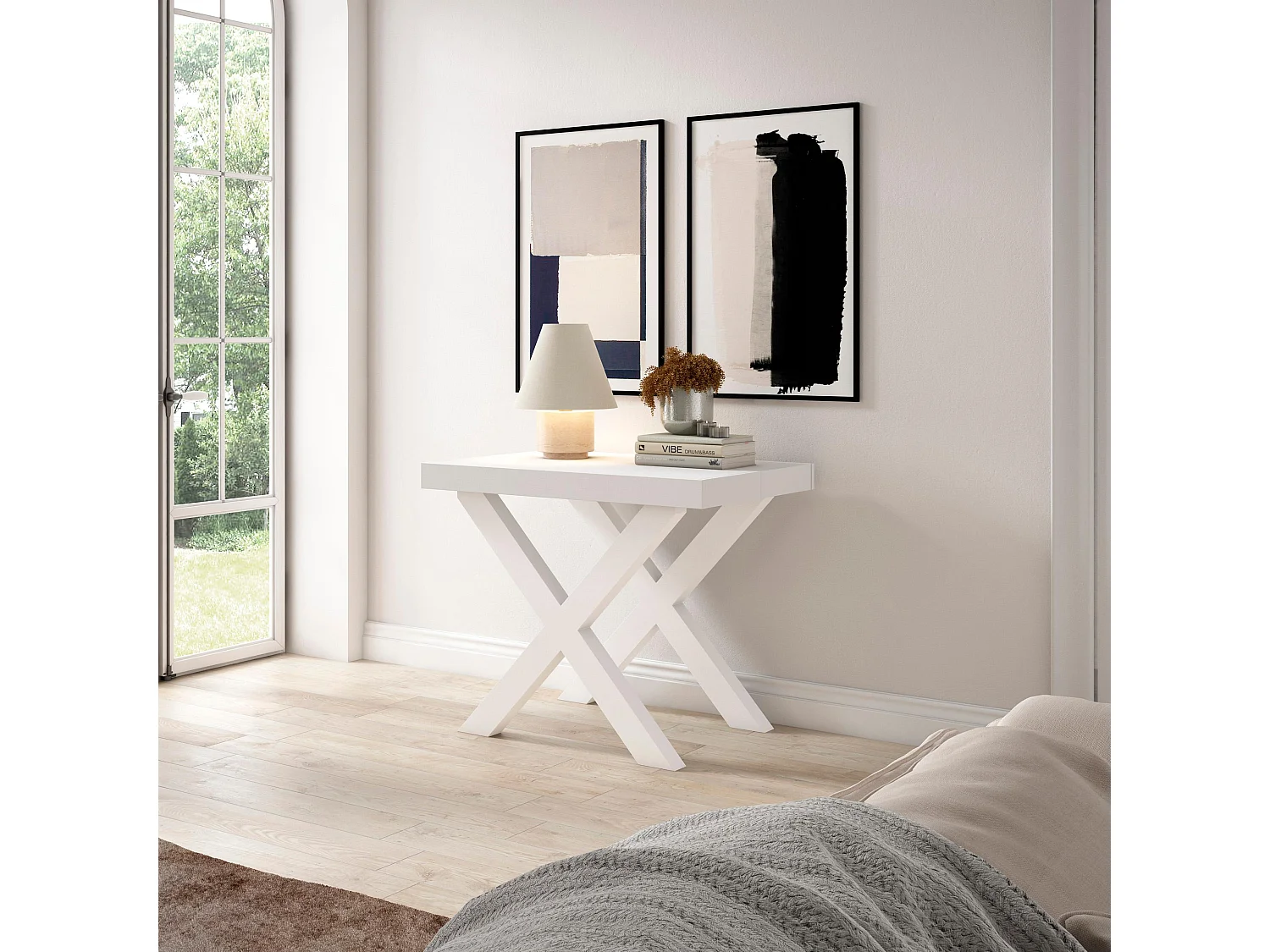 Uitschuifbare Consoletafel, 222x90x73cm, Voor 10 personen, Massief houten poten, Wit